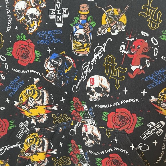 Assholes*s Live Forever Mens S Hoodie Sweatshirt All Over Print Skull Devil Rose - Picture 3 of 5